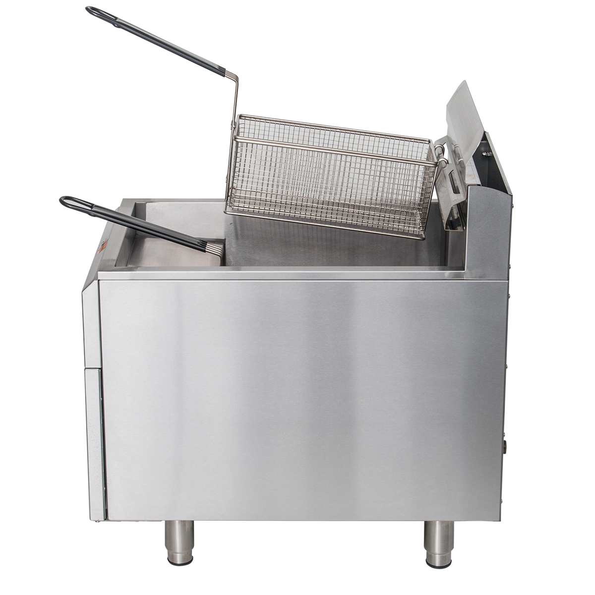 A commercial stainless steel gas countertop fryer with a wire basket and black handles; the basket is tilted above the oil, and the fryer, featuring a 30-lbs fat capacity, stands on four legs against a plain white background.