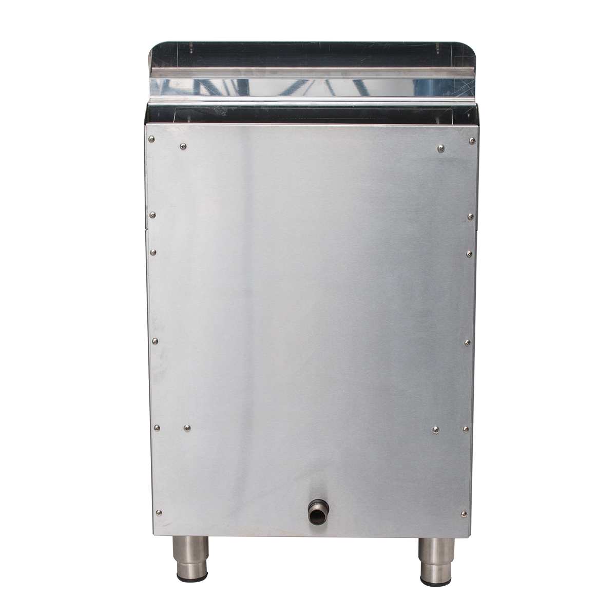 A stainless steel, rectangular gas countertop fryer with a smooth, reflective surface, rounded top corners, and rivets along the edges. It stands on two short cylindrical legs, featuring a small spout at the bottom front and a 30-lbs fat capacity.