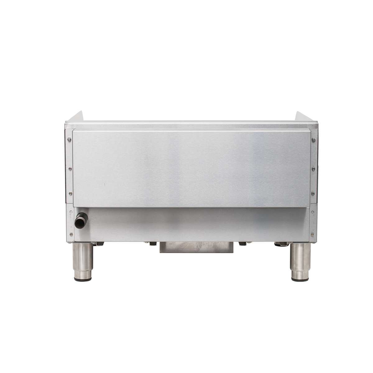 A stainless steel, rectangular gas countertop griddle with thermostatic controls features a flat front panel, sturdy metal legs, and a small protruding pipe on the left. The industrial surface has visible screws along the edges against a plain white background.