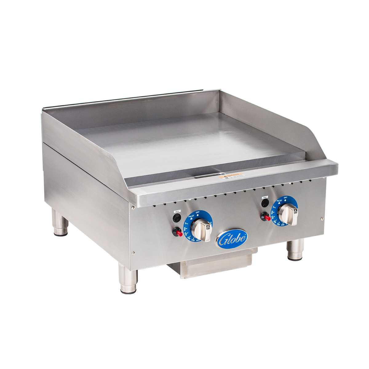 A commercial stainless steel gas countertop griddle with raised back and sides, two blue thermostatic controls, indicator lights, and the Globe brand on the front. The griddle stands on short cylindrical legs for stability.