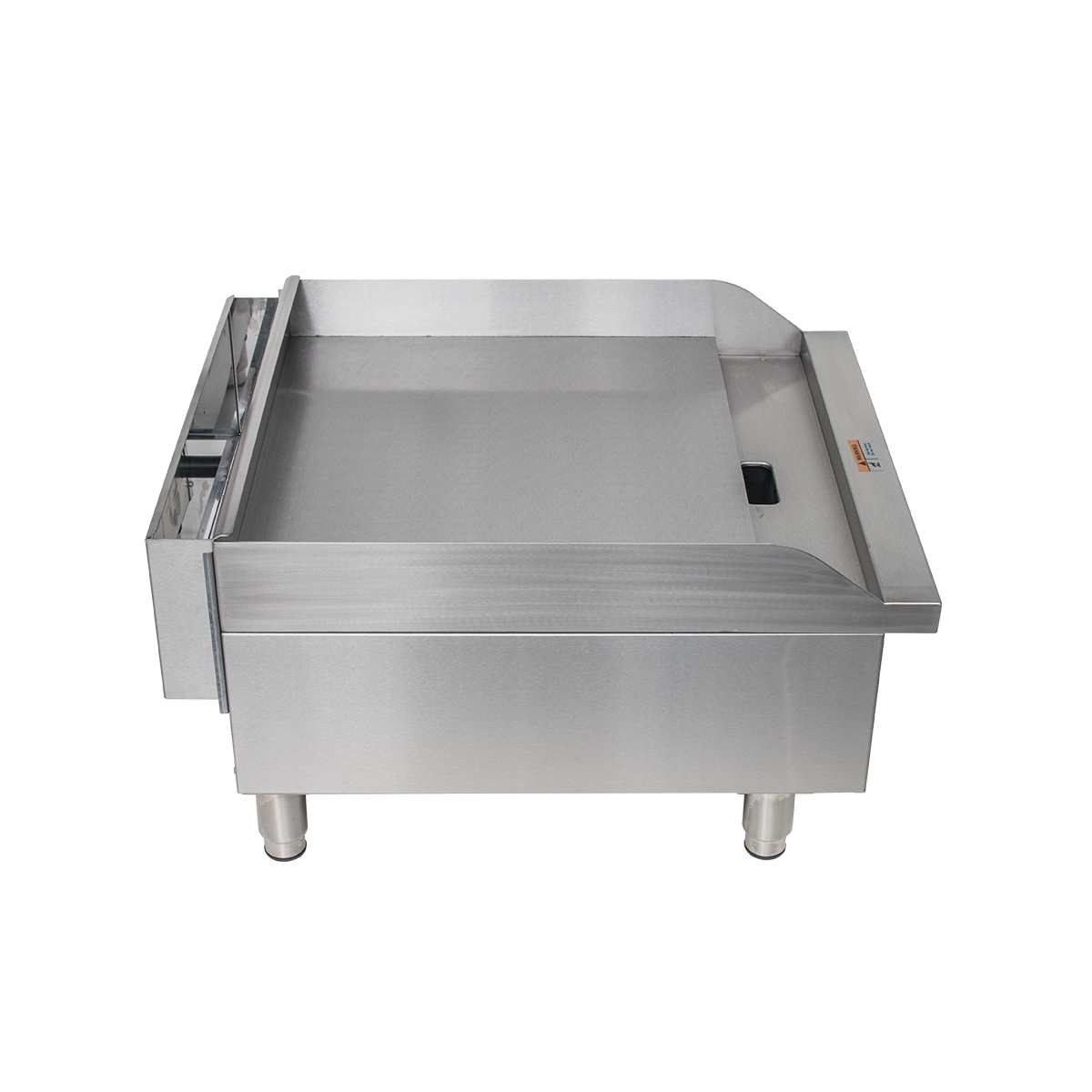 A stainless steel gas countertop griddle with a smooth cooking surface, raised side and back splashes, thermostatic controls, and four sturdy legs—designed for reliable performance in professional kitchens.
