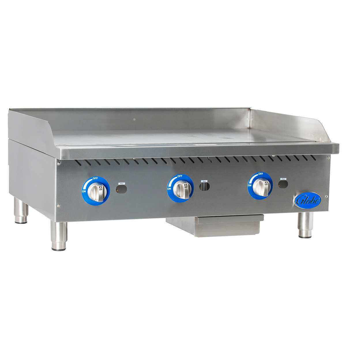 A stainless steel 36 inch griddle with three blue temperature control knobs, flat cooking surface, raised side and back splashes, four sturdy legs, and a grease tray beneath the front. The Globe brand is visible on the bottom right of this gas countertop griddle.