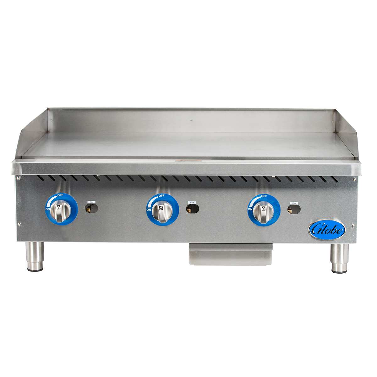 A commercial griddle with three blue control knobs, a flat cooking surface, raised sides, and a grease tray below. The 36 inch gas countertop griddle by Globe stands on four short legs, with the brand name displayed on the lower right front panel.