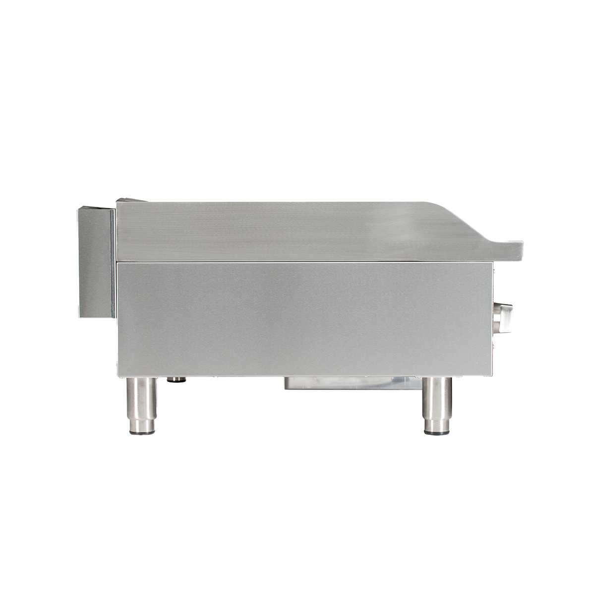 Side view of a stainless steel 36 inch gas griddle on four short legs, featuring a smooth flat cooking surface, a raised back splash, and a control knob visible on the right side against a white background.