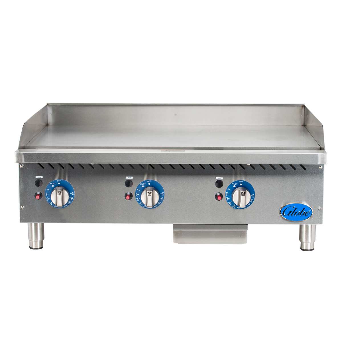 A commercial 36 inch countertop griddle with three blue control knobs, indicator lights, tall legs, a grease tray, and a backsplash. The front panel features ventilation slots and a Globe brand logo on the lower right corner.