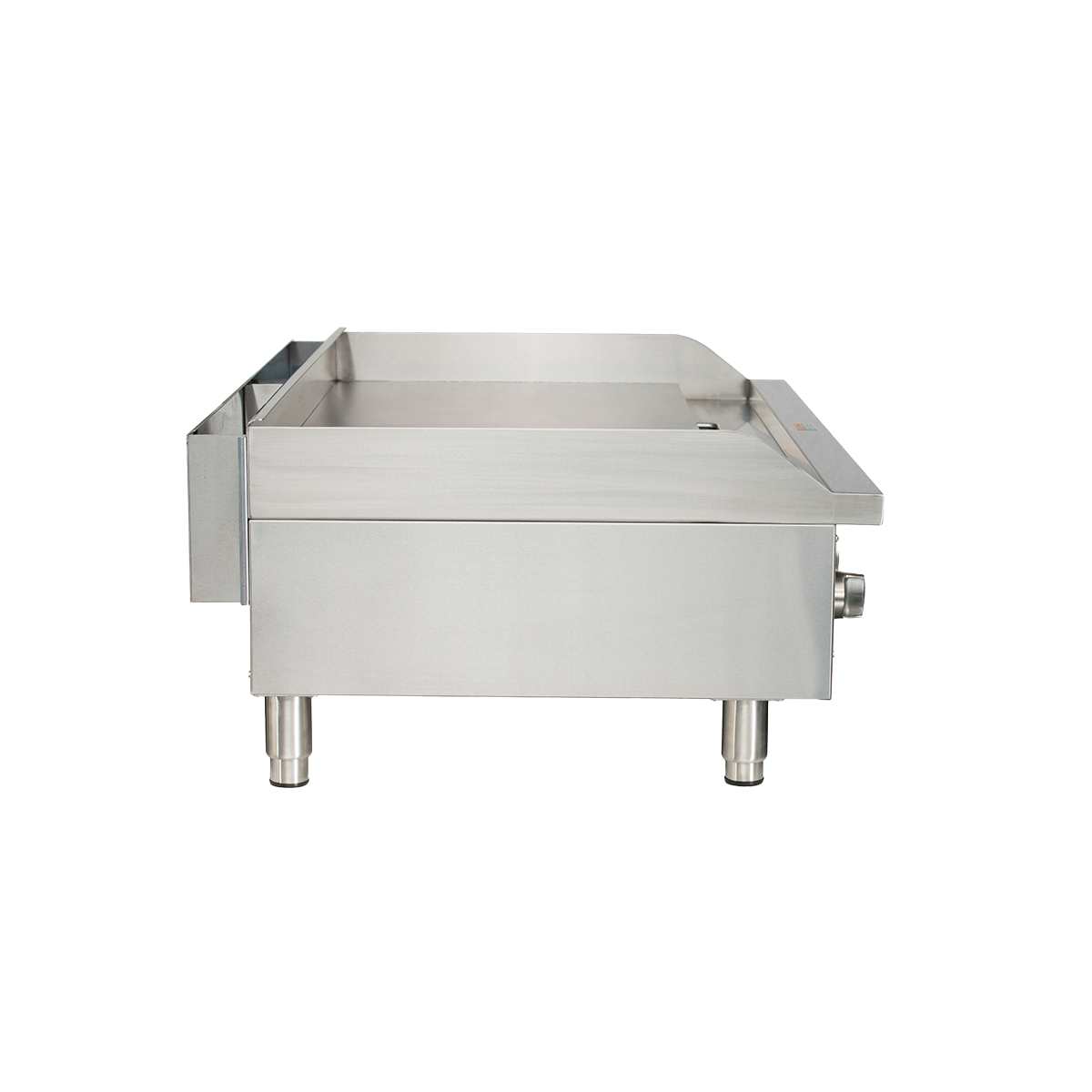 A stainless steel gas countertop griddle is shown from the side. It features a flat cooking surface, raised back and side edges, two sturdy cylindrical legs, thermostatic controls, and a control knob on the right. The background is plain white.
