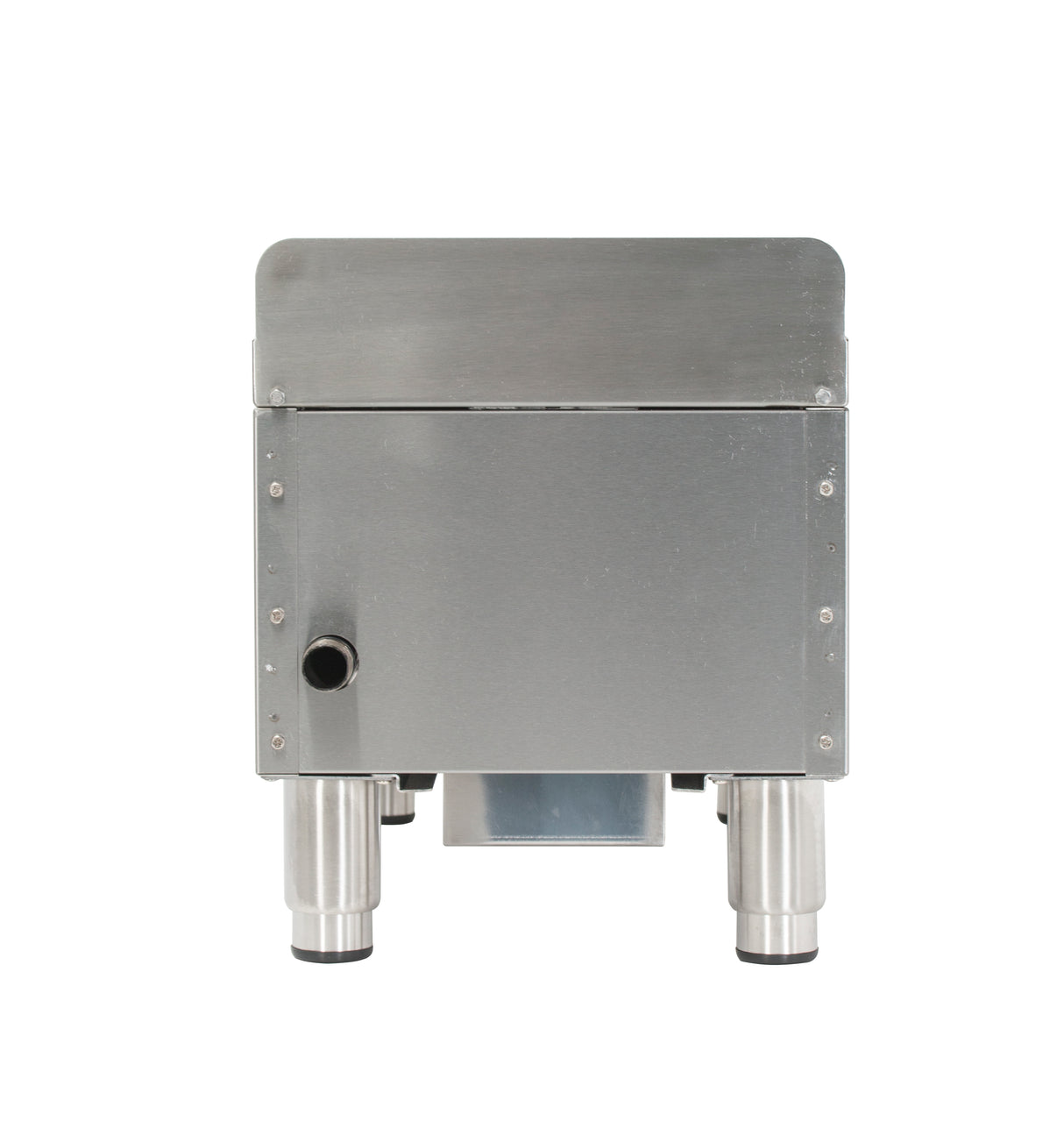 Front view of a stainless steel industrial machine with a boxy shape, featuring cast iron burners. It has a small round protruding pipe on the left, four sturdy cylindrical legs, visible bolts, and a clean, modern, utilitarian design.