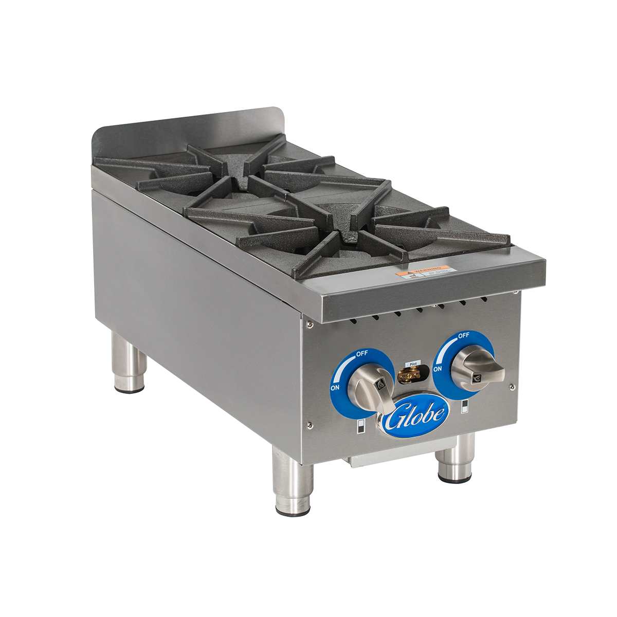 A commercial stainless steel gas countertop range with two black cast iron burners, control knobs labeled with blue accents, the Globe brand logo, and sturdy metal legs, shown against a white background.