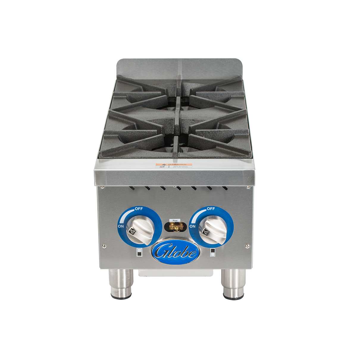 Front view of a commercial gas countertop hotplate with two large cast iron burners, blue and silver control knobs labeled “ON” and “OFF,” the brand name “Globe” below, and four short sturdy legs.