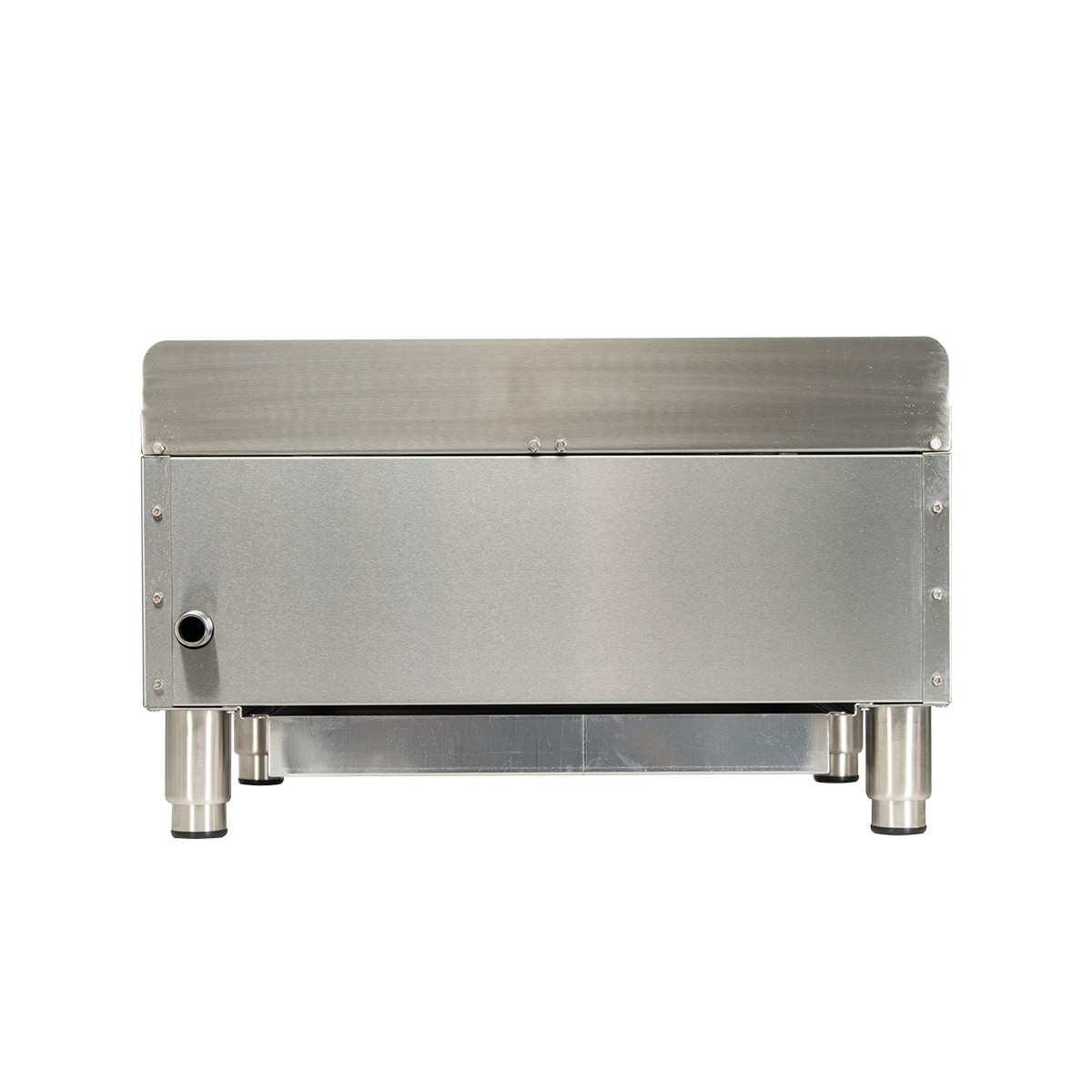 A stainless steel commercial kitchen appliance, likely a Globe GHP24G gas countertop hotplate, is shown from the front. It features a flat smooth surface, sturdy legs, cast iron burners, a small protruding pipe on the left side, and an industrial design.