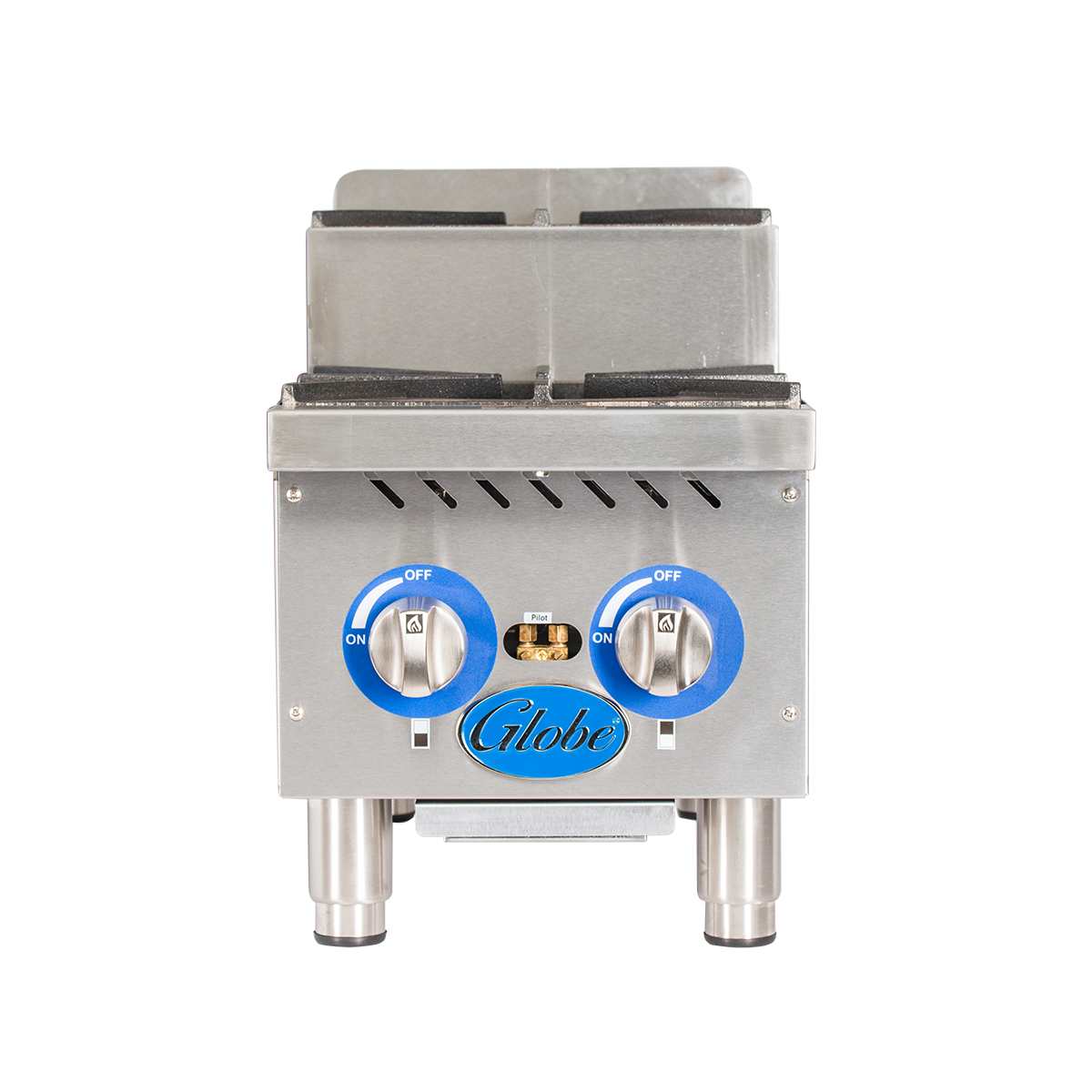 A stainless steel commercial hotplate burner with two black cast iron grates, two silver and blue control knobs marked “ON” and “OFF,” a small ignition window, and the word “Globe” in blue—delivering powerful 60,000 BTU performance.