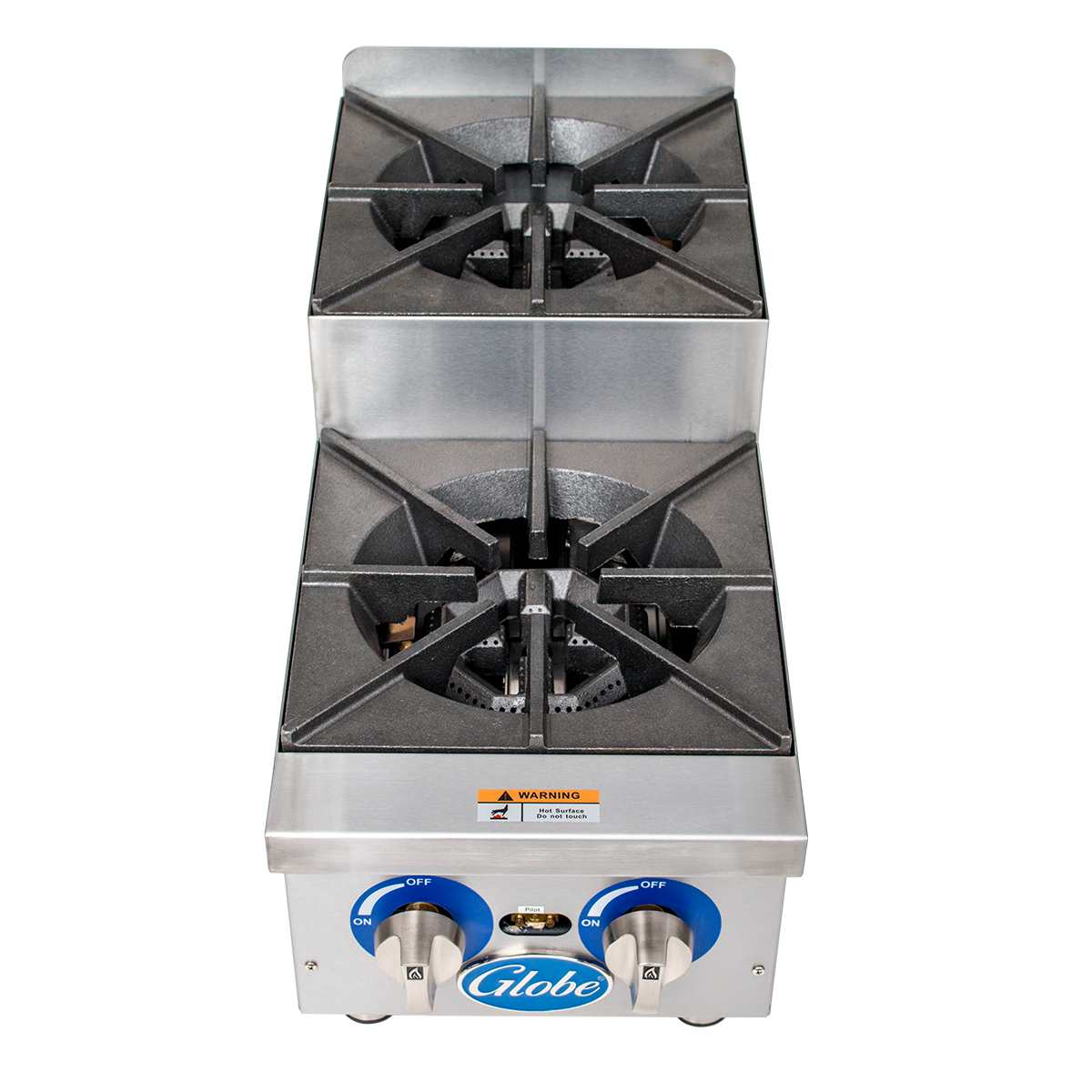 A stainless steel commercial countertop gas hotplate with two black cast iron burners delivering 60,000 BTU, blue control knobs, and the Globe logo on the front. The rectangular stove features one burner positioned behind the other.