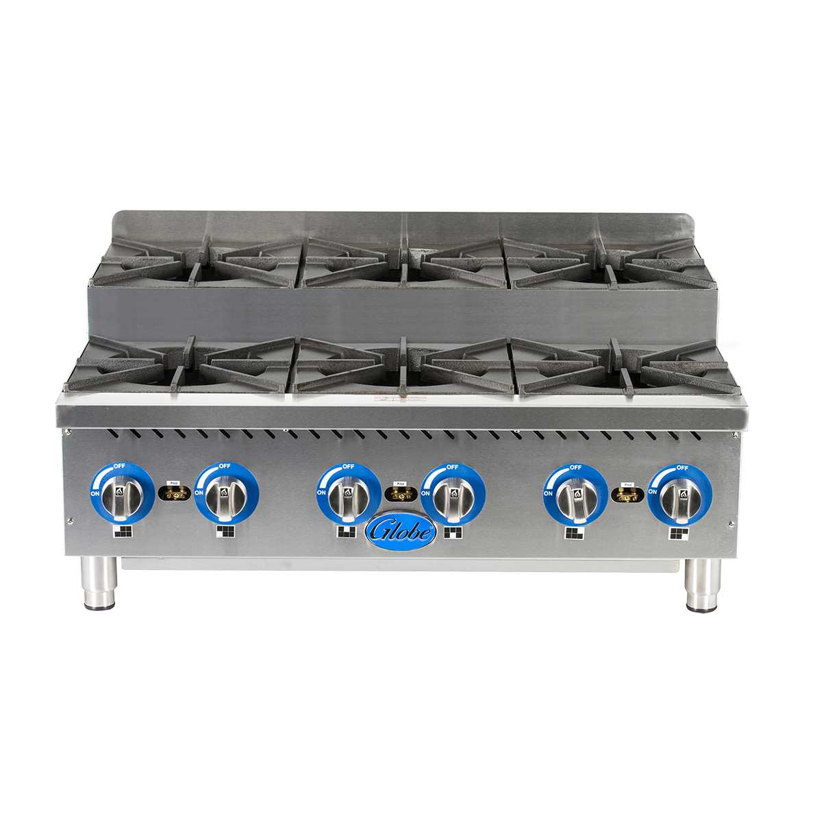 A commercial stainless steel gas countertop hotplate with six burners, each featuring a black cast iron grate and blue control knob. The front panel displays the Globe logo, and the 36 inch hotplate stands on four sturdy metallic legs.