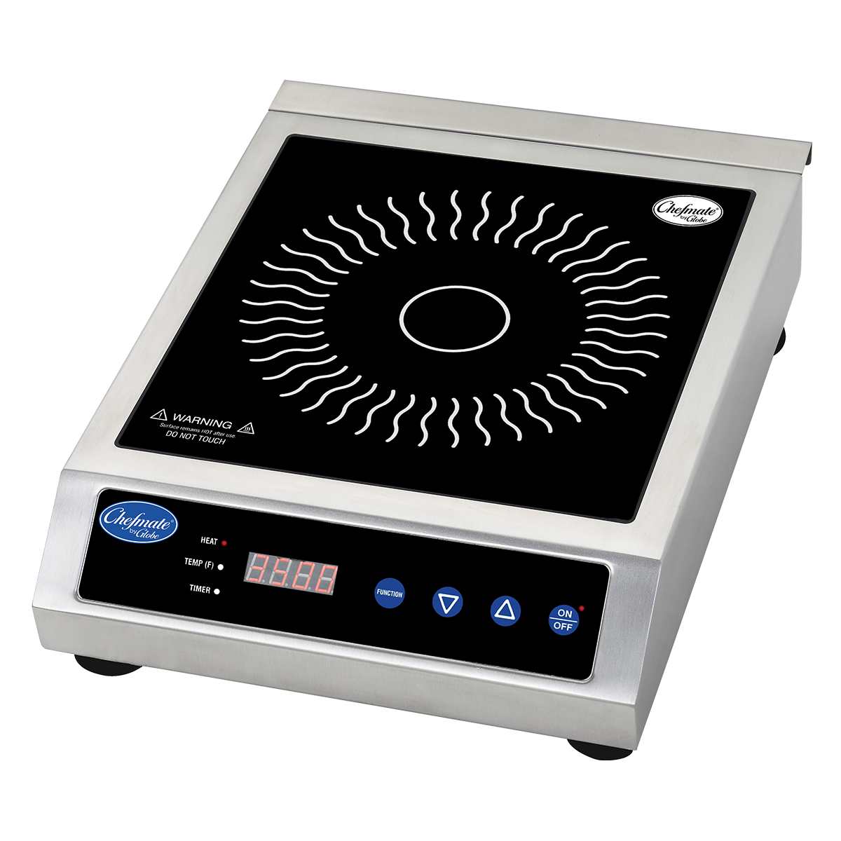 A countertop electric Induction Range with stainless steel construction, featuring a black glass surface with a white circular pattern. The front panel displays labeled buttons, digital display, On/Off button, and the Cadco brand name.