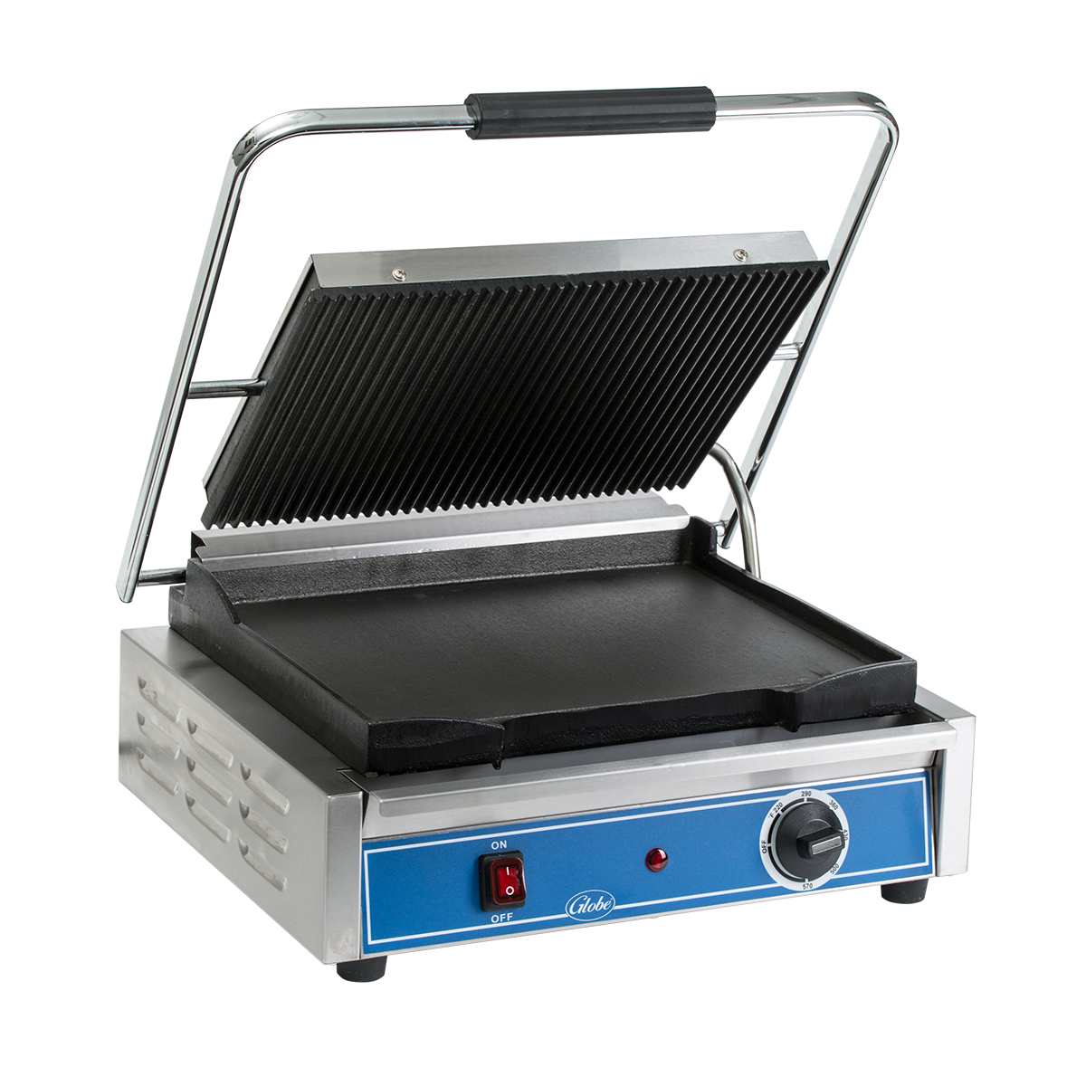 A commercial Panini grill with a ribbed top and flat bottom is shown open. The blue front panel features a red power switch, temperature control dial, and metal handle. Its durable stainless steel construction ensures long-lasting performance.