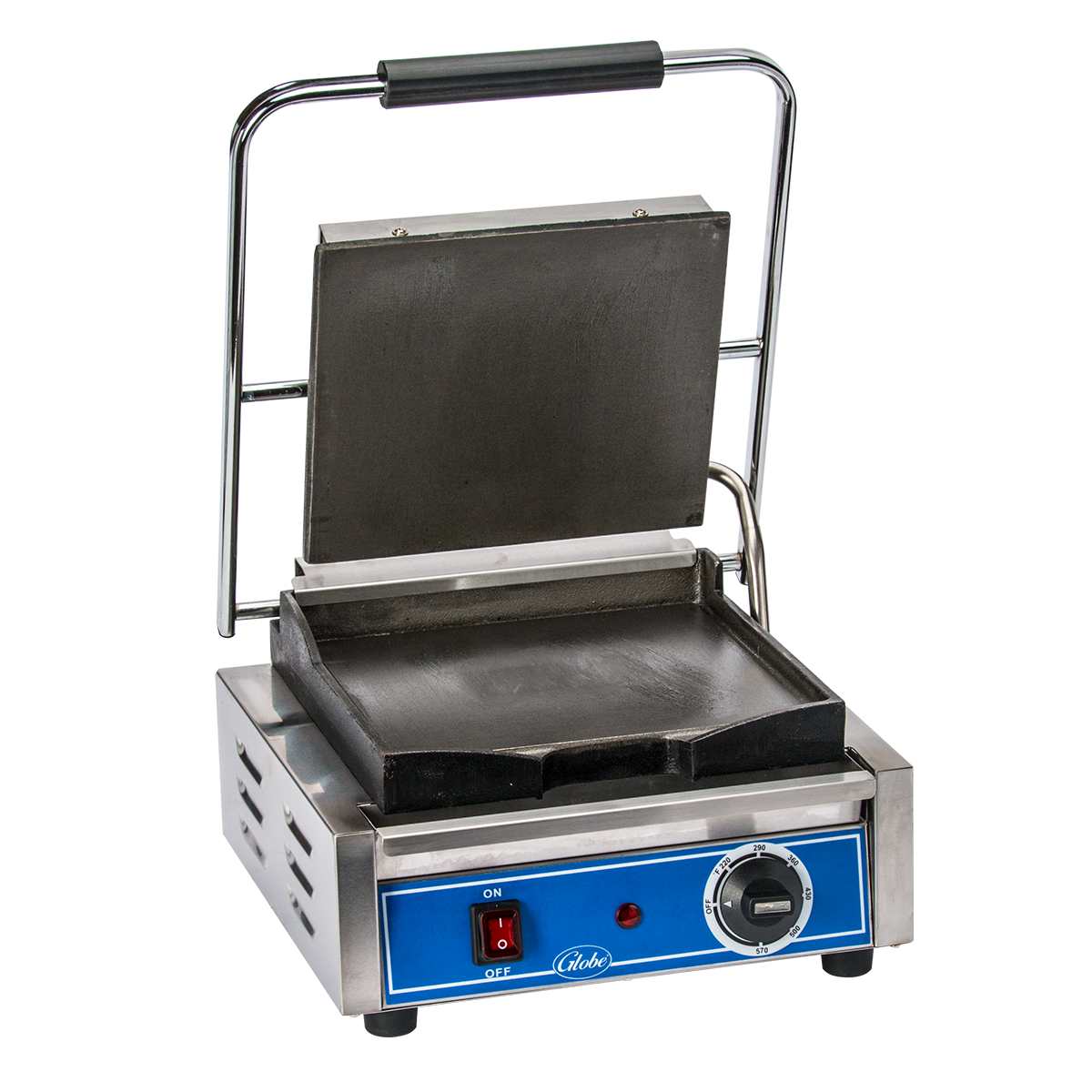 A commercial Bistro Panini Grill with a blue control panel. The grill features a rectangular, ridged top plate lifted open, and a flat bottom plate. It has a power switch, temperature dial, metallic body with side vents, and a handle on top.