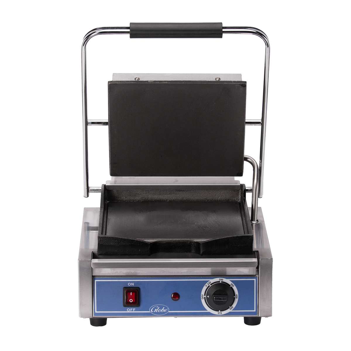 A stainless steel Bistro Panini Grill with a blue front panel, red power switch, round temperature dial, and indicator light. The top grill plate is lifted, revealing ridged nonstick plates—perfect as a countertop electric grill for sandwiches or paninis.