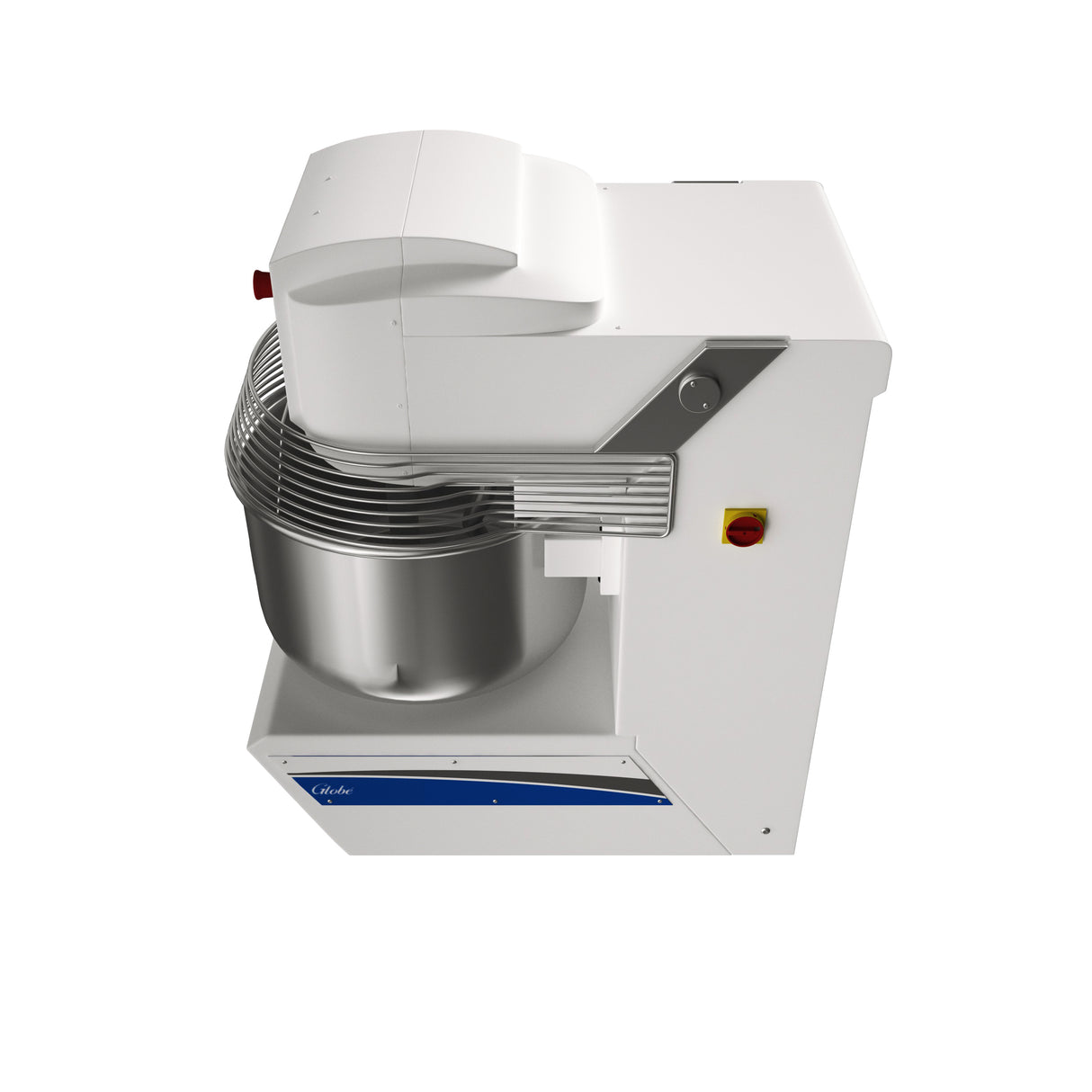 A commercial Spiral Dough Mixer with a 130 lbs. capacity features a large stainless steel bowl, protective metal guard, and side control buttons. Shown from an elevated angle, the modern machine boasts blue accents on a white background.