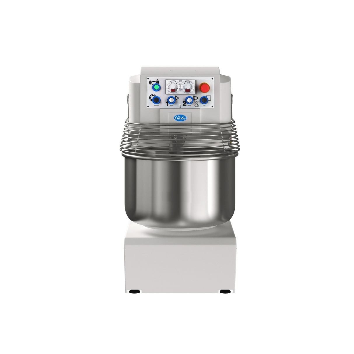 A commercial Spiral Dough Mixer with a large 130 lbs. capacity stainless steel bowl, white body, metal safety guard, and control panel with buttons, dials, and timers is shown on a plain white background, facing forward.