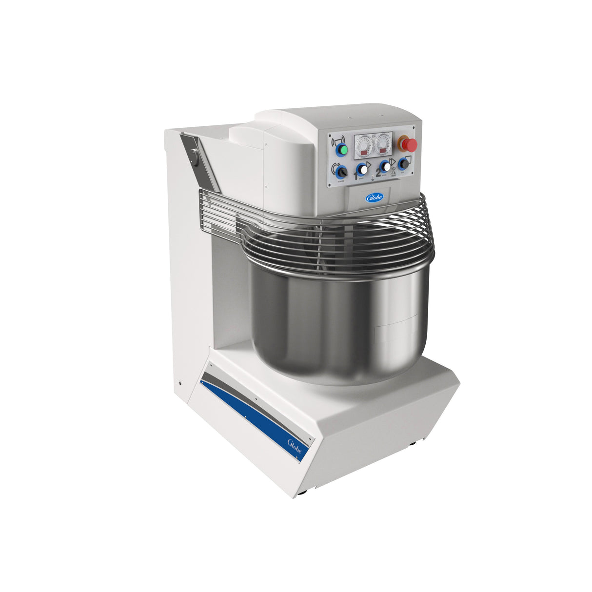 A Spiral Dough Mixer with a 130 lbs. capacity, featuring a stainless steel bowl, metal safety guard, and a blue and white control panel. Ideal for bakery or industrial use, the machine’s sturdy build ensures efficient mixing on a large scale.