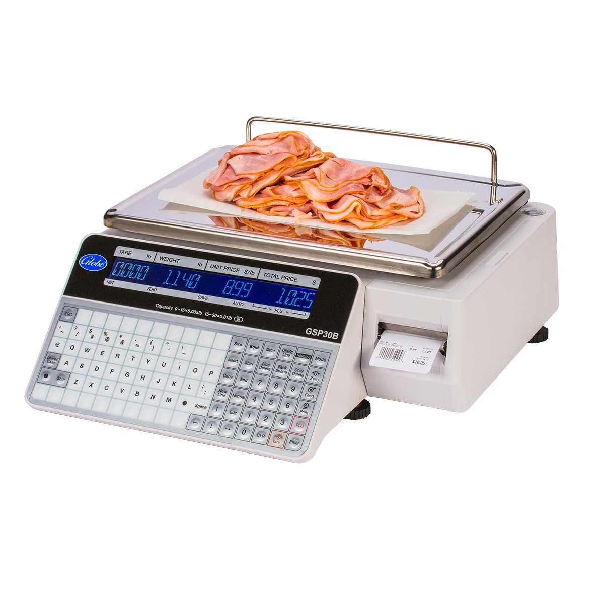 A digital, legal for trade weighing scale with a keypad and dual-sided LCD display shows sliced deli meat on a tray. The screen displays weight, unit price, and total price while a small receipt prints from the GSP-908B label printing scale.