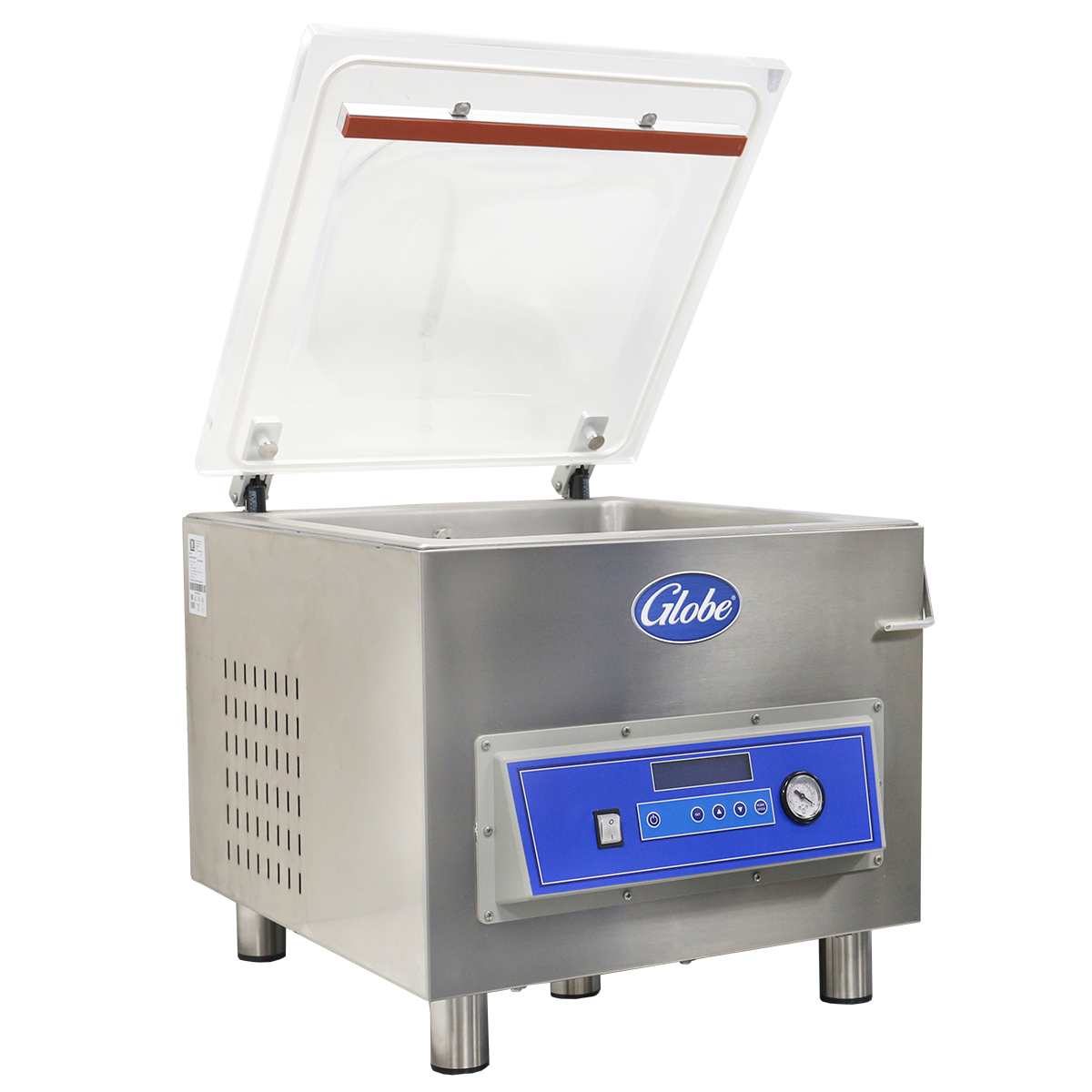 A stainless steel tabletop vacuum packaging machine with a clear hinged lid open. The front panel features a blue control interface with marination programming buttons, a gauge, and digital display. The brand name Globe appears above the control panel.