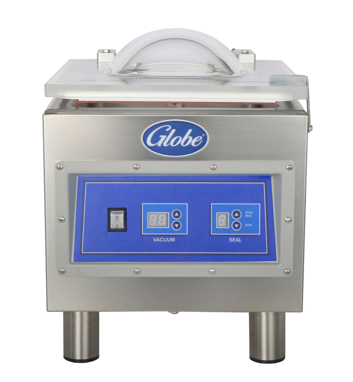 The Globe GVP6 Vacuum Packaging Machine features a stainless steel build, blue control panel with digital displays, 10-1/5" seal bar, labeled buttons, power switch, and a transparent lid. The Globe logo is clearly visible above the controls.