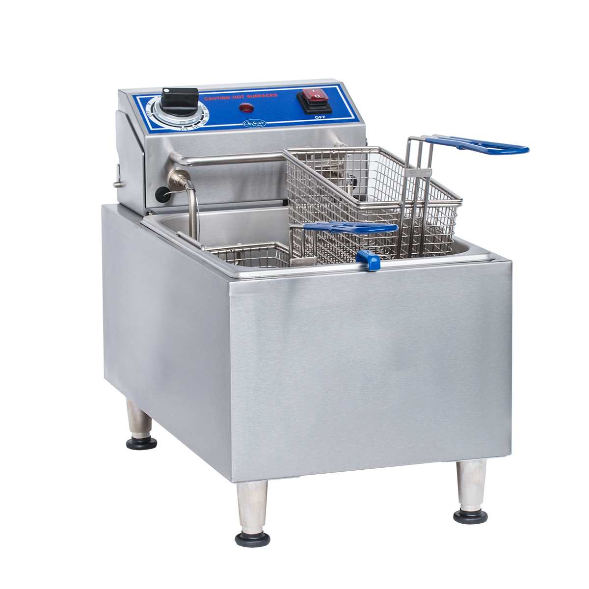 The Globe PF10E electric countertop fryer features a blue control panel, temperature knob, and power switch. Its metal basket with blue handle rests in a 10 lbs. oil capacity basin, all supported by four sturdy short legs.