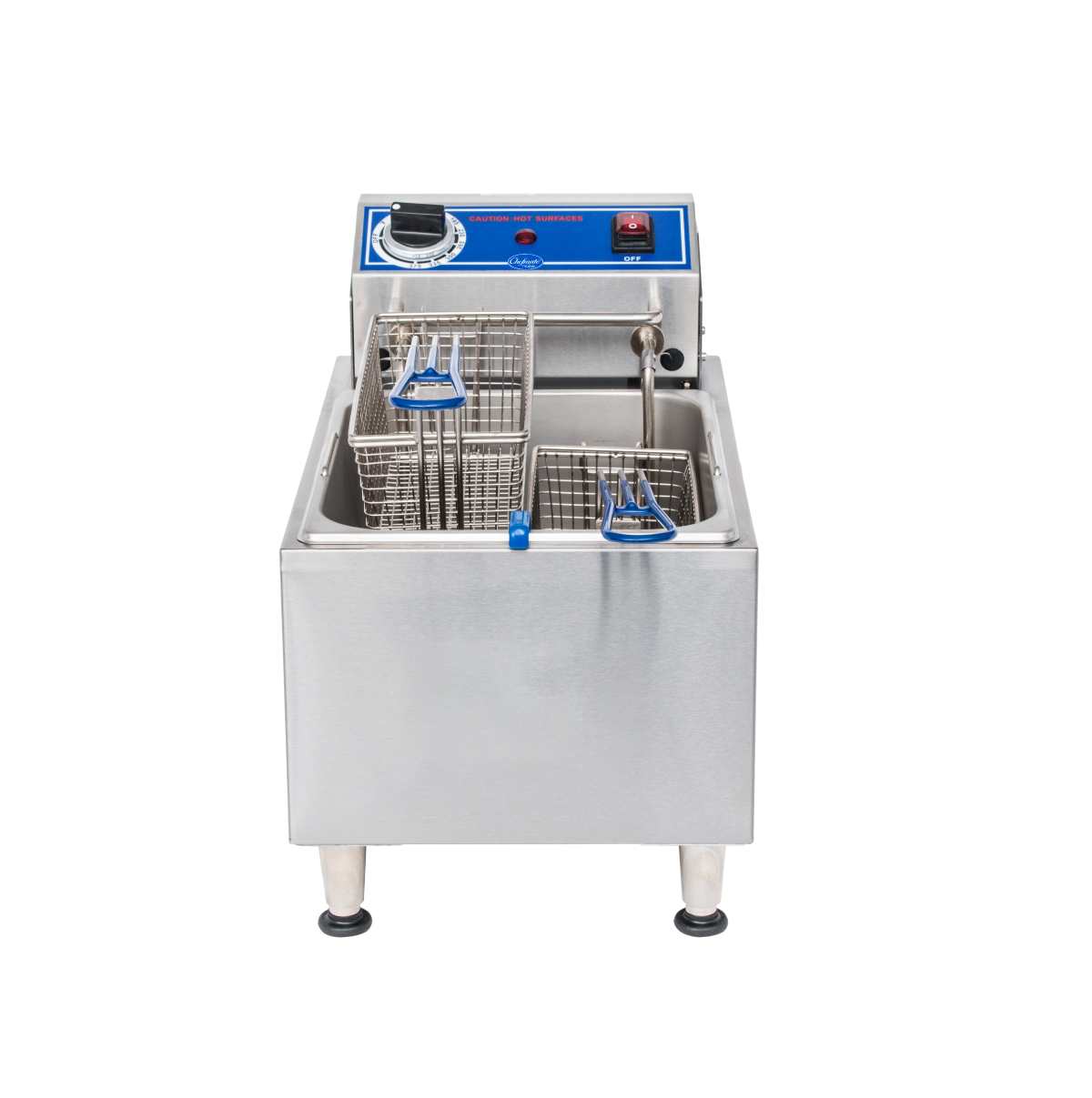 A Globe PF10E electric countertop fryer with 10 lbs. oil capacity, featuring two metal frying baskets with blue handles, a front-facing control panel with temperature dial, indicator lights, and power switch. The stainless steel fryer stands on four sturdy legs.