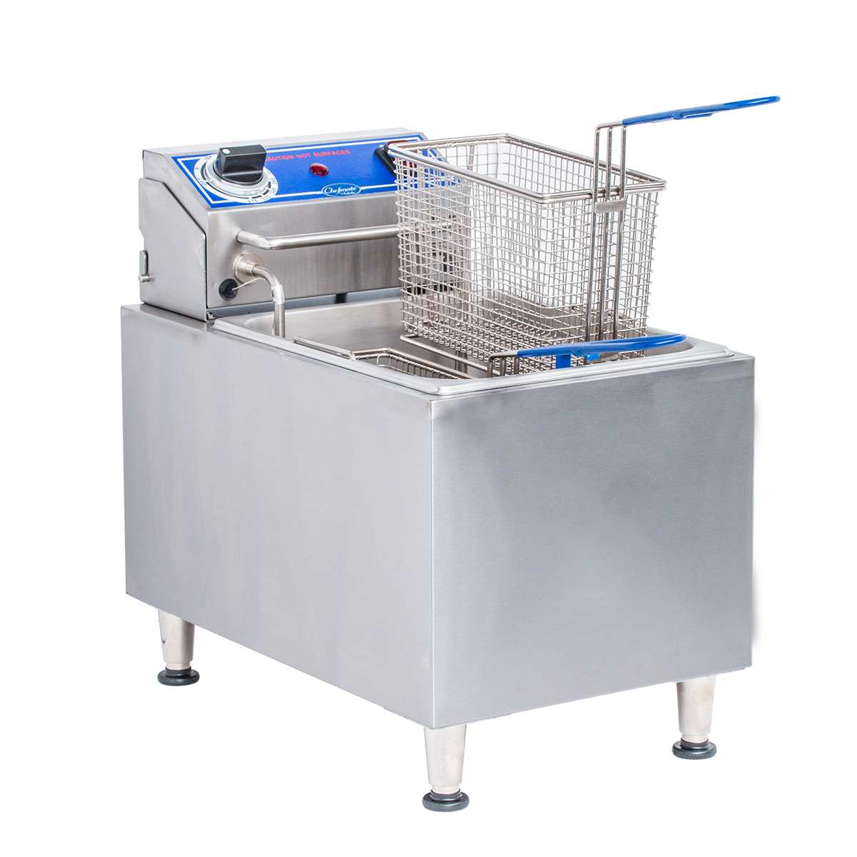 A Globe PF16E electric countertop fryer with a stainless steel body and 16 lbs. oil capacity stands on four short legs. A metal frying basket with a blue handle rests above the tank, next to the control panel and temperature knob.