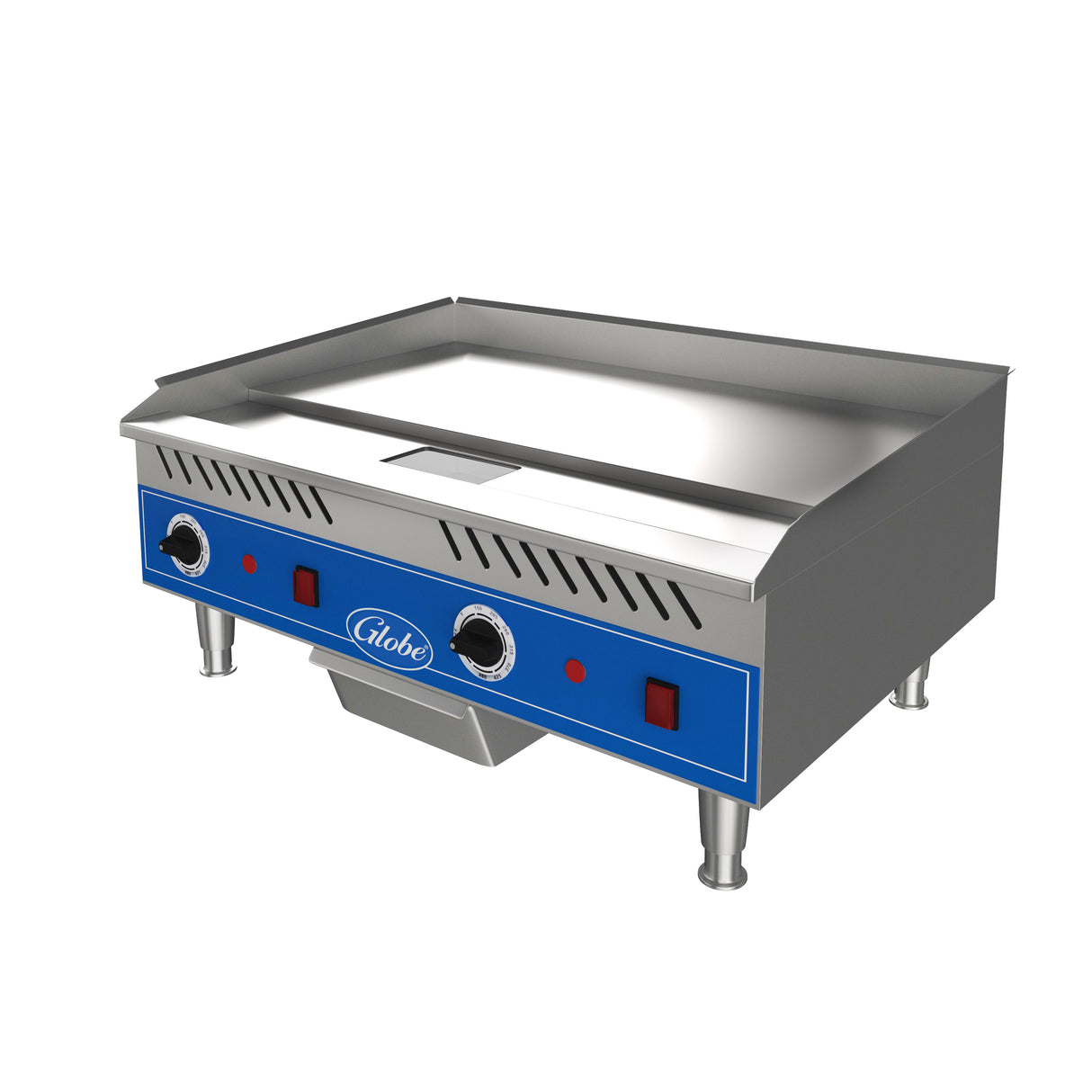 The Globe PG24E is a commercial electric countertop griddle featuring a flat cooking surface, blue control panel, two knobs, red indicator lights, and a grease tray. This quick ship griddle stands on four short legs with Globe branding on the front.