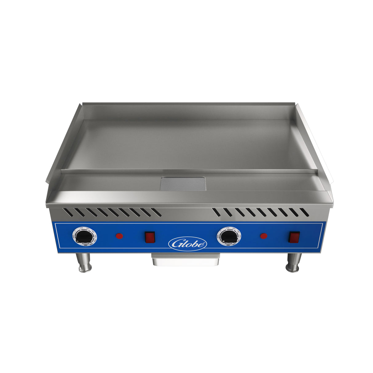 The Globe PG24E electric countertop griddle features a blue front panel, three black knobs with red indicator lights, raised splash guards, a grease tray underneath, and four short legs. This quick ship griddle is ideal for any commercial kitchen.