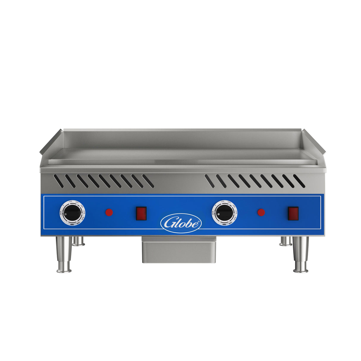 The Globe PG24E electric countertop griddle features a stainless steel surface, blue front panel, two control knobs, red indicator lights, and four sturdy metal legs. The Globe brand is prominently displayed at the center. This is a quick ship griddle.