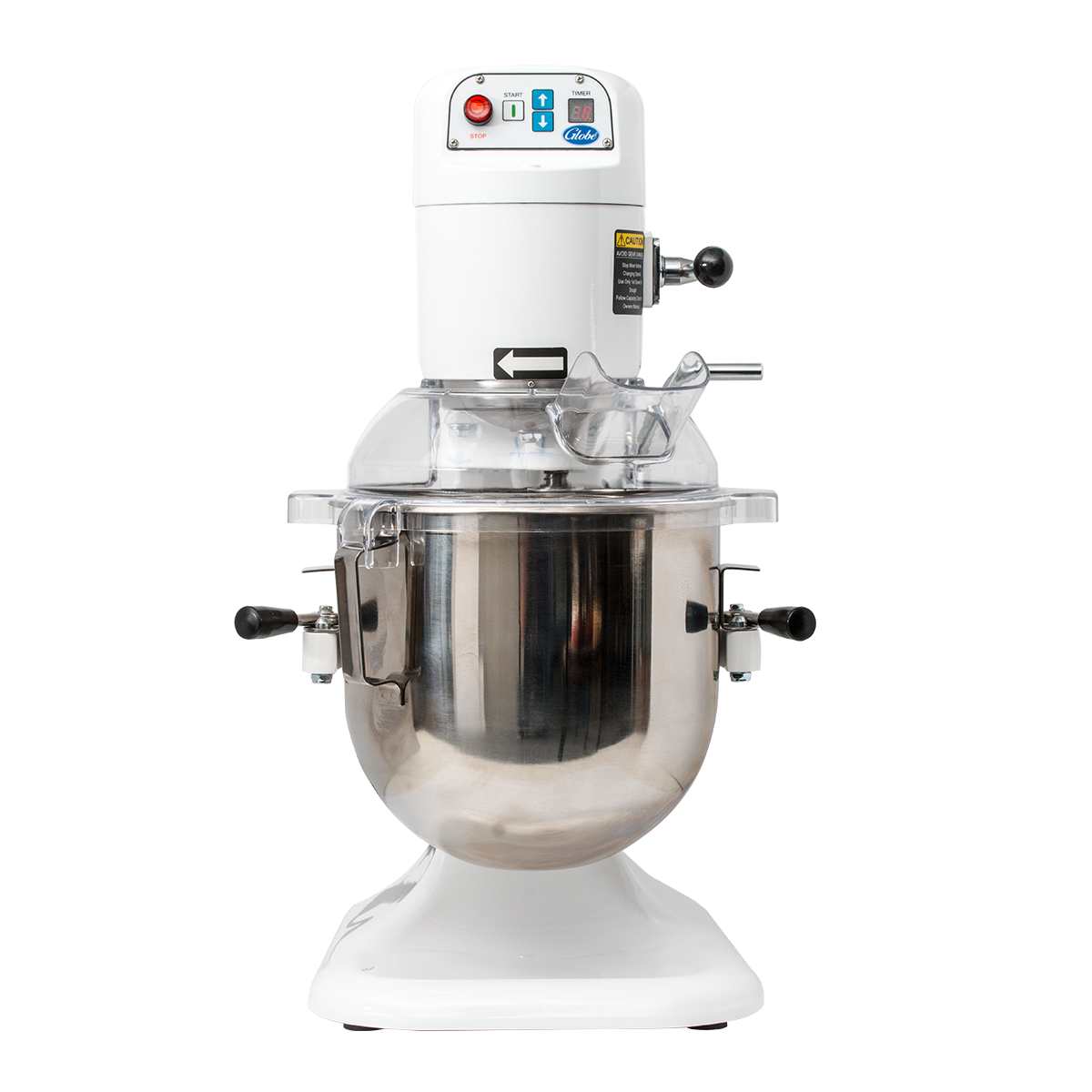 A commercial 8 qt mixer with a white base and motor housing, control buttons on top, a transparent safety guard, large stainless steel mixing bowl, and black handles on both sides—perfect as a countertop mixer for busy kitchens.