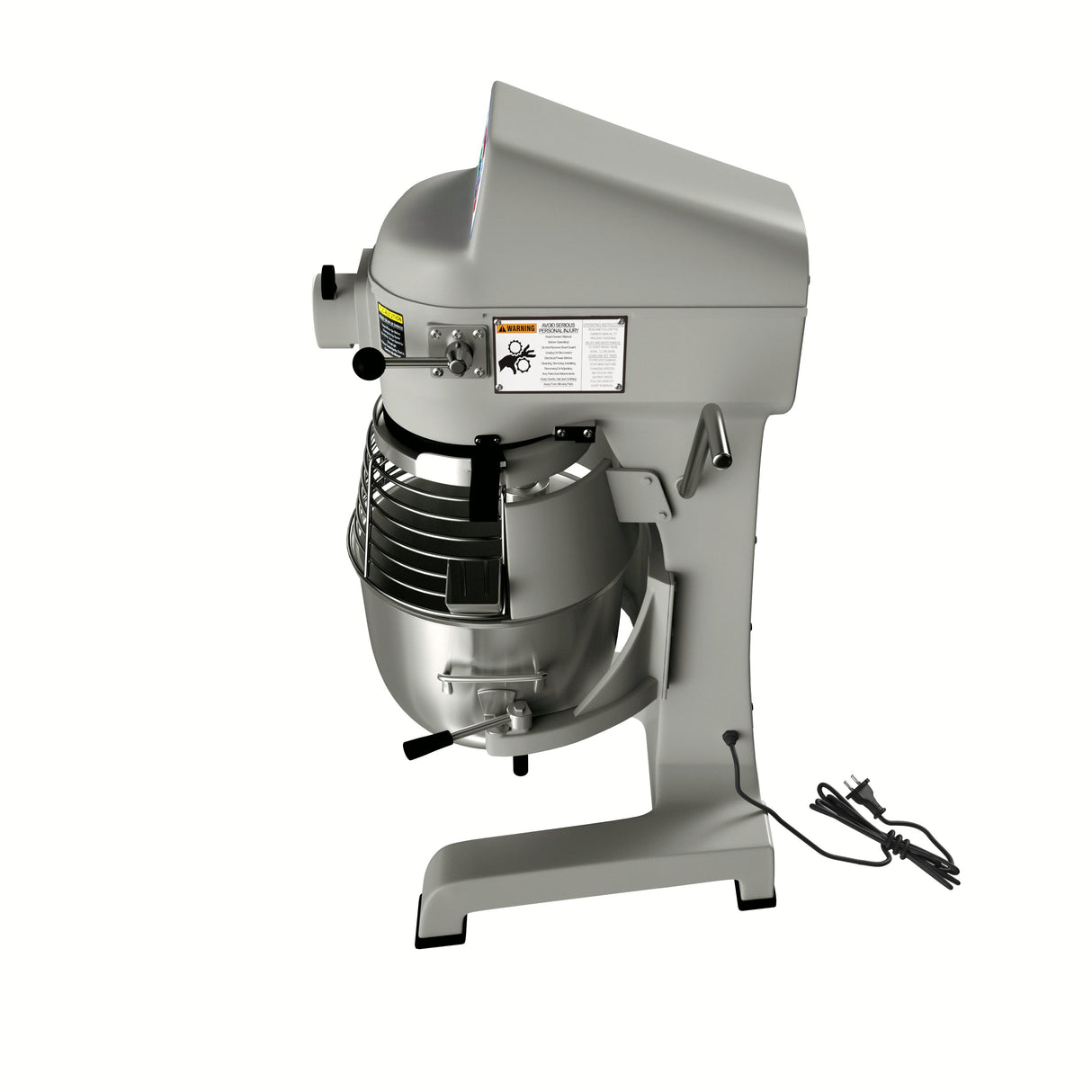 A large, industrial gray planetary mixer with a metal bowl and protective wire guard. The 10 qt mixer features a control panel on the side, a long power cord on the floor, and stands on a heavy-duty base against a white background.