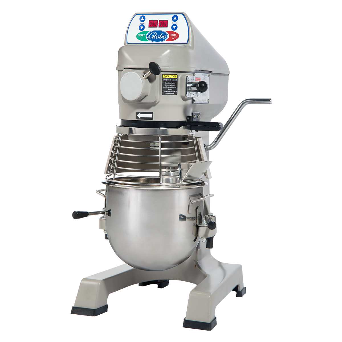 A large 10 qt mixer features a metal bowl, sturdy gray base, and top control panel with buttons and digital readouts. This planetary mixer includes a safety guard over the mixing bowl, plus a lever and handle attached to the side.