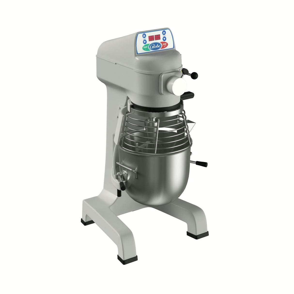 A commercial planetary mixer with a digital control panel, stainless steel mixing bowl, wire safety guard, and sturdy metal base. This 10 qt mixer features adjustment handles and a modern design, ideal for industrial or bakery use, all set against a white background.