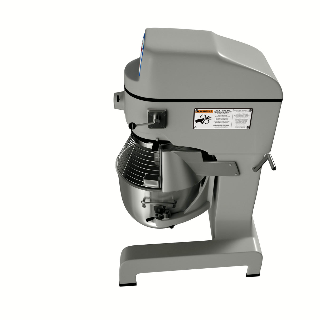 A commercial-grade, gray planetary mixer with a stainless steel mixing bowl and wire safety guard, viewed from above at an angle. This 25 qt mixer has a label with instructions and is placed on a white background.
