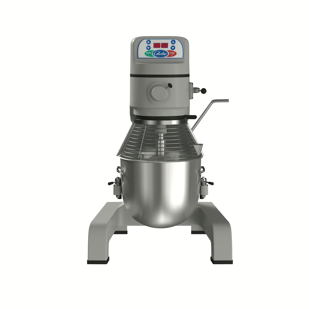 A sturdy 25 qt mixer with a large stainless steel mixing bowl, wire guard, and top control panel featuring buttons and a digital display. This planetary mixer has a metal base and side lever for easy bowl adjustment, set against a white background.