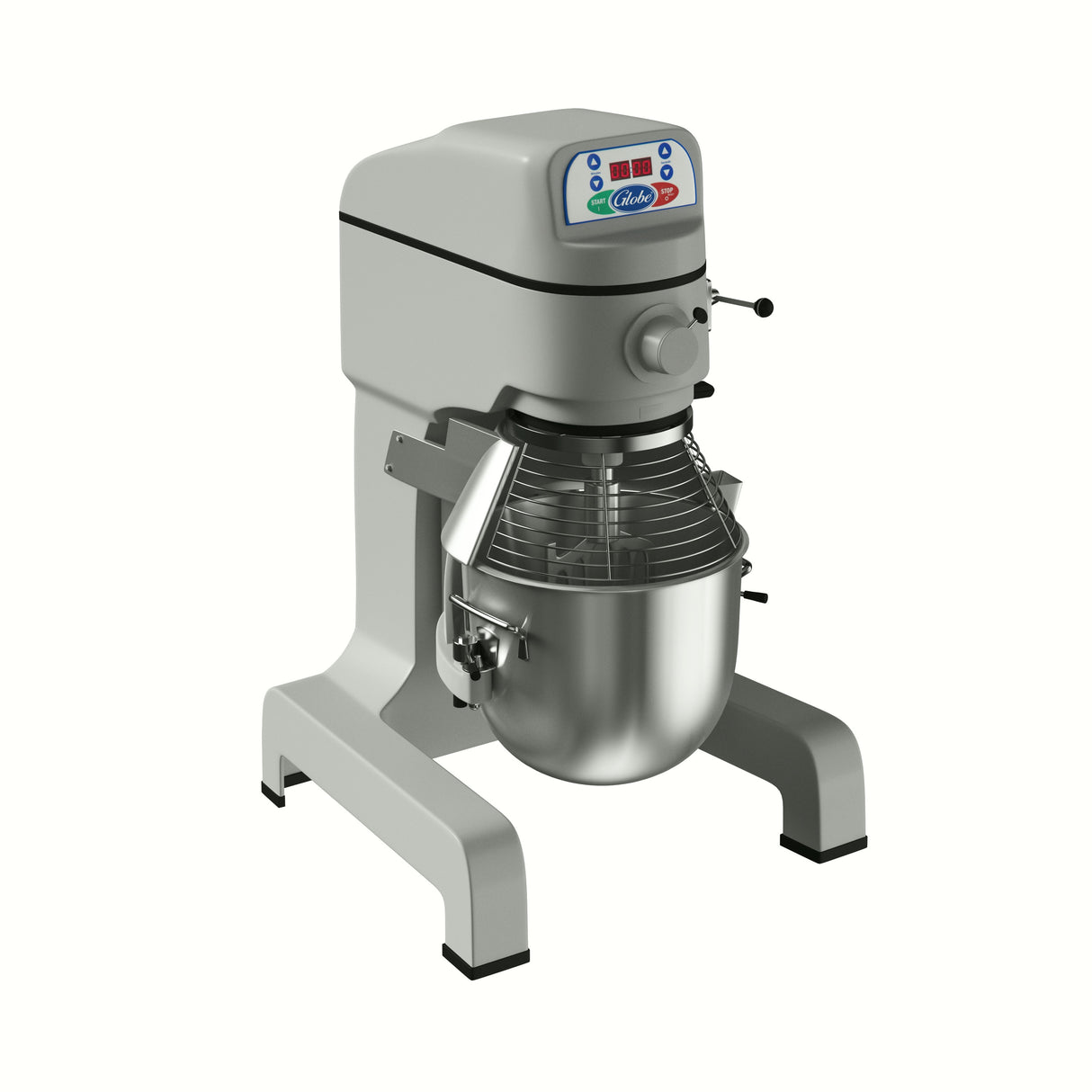 A commercial 25 qt mixer with a stainless steel mixing bowl and whisk attachment, digital control panel, and sturdy metal frame. This planetary mixer has a simple, industrial grey design, perfect for heavy-duty kitchen use on any bench model setup.