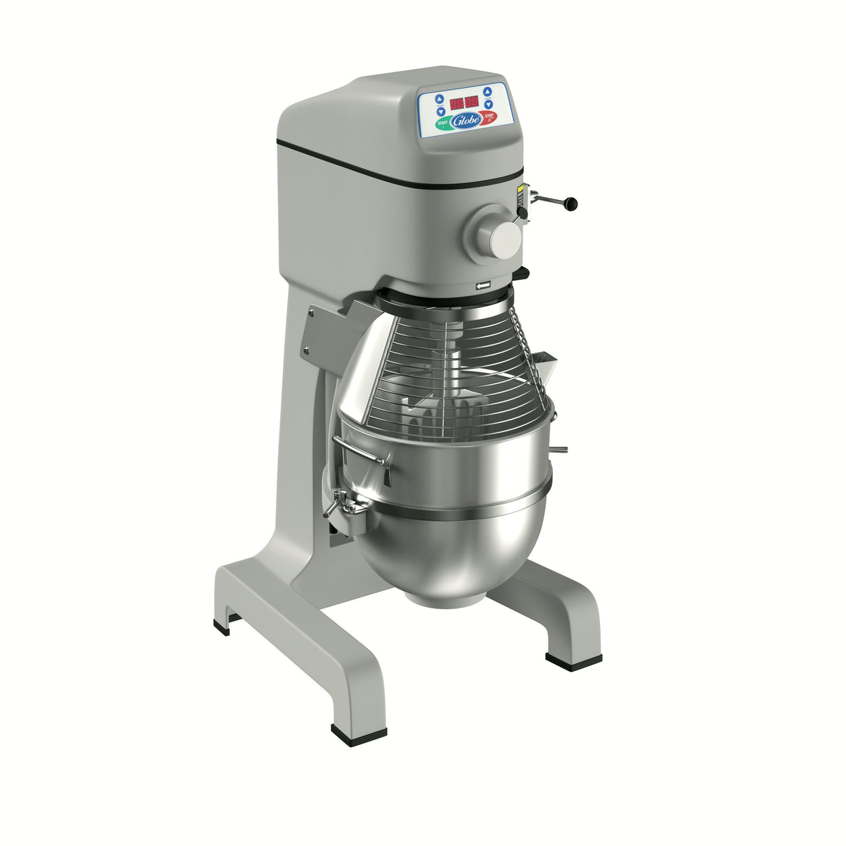 A sturdy gray commercial floor mixer with a 42 qt metal mixing bowl, wire guard, and digital control panel. This planetary mixer features a side lever, stands on four legs, and is set against a white background.