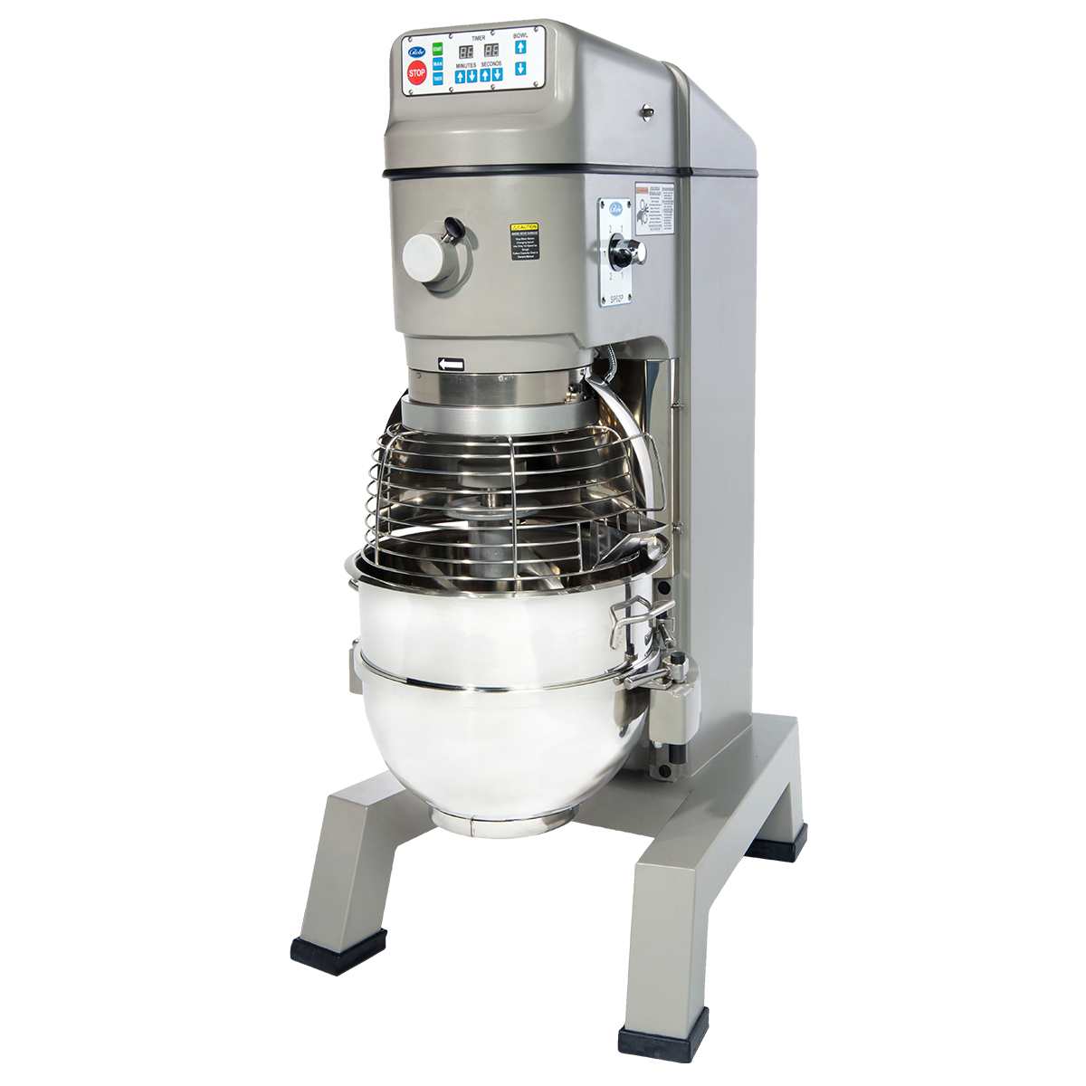 A large commercial planetary pizza mixer with a 60 qt stainless steel bowl, metal safety guard, and digital control panel on top. This gray, sturdy mixer is designed for heavy-duty use in kitchens or bakeries.