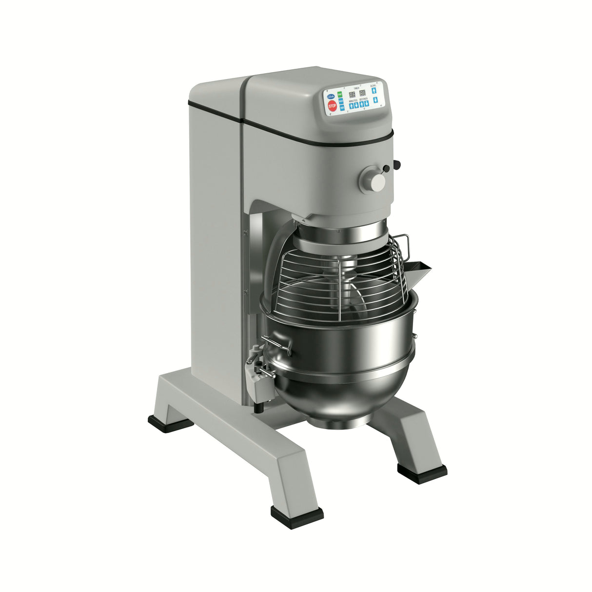 A large, industrial commercial dough mixer with a metallic body, digital control panel on top, and a stainless steel mixing bowl with a wire safety guard. This 60 qt mixer stands on four sturdy legs and is shown on a plain white background.