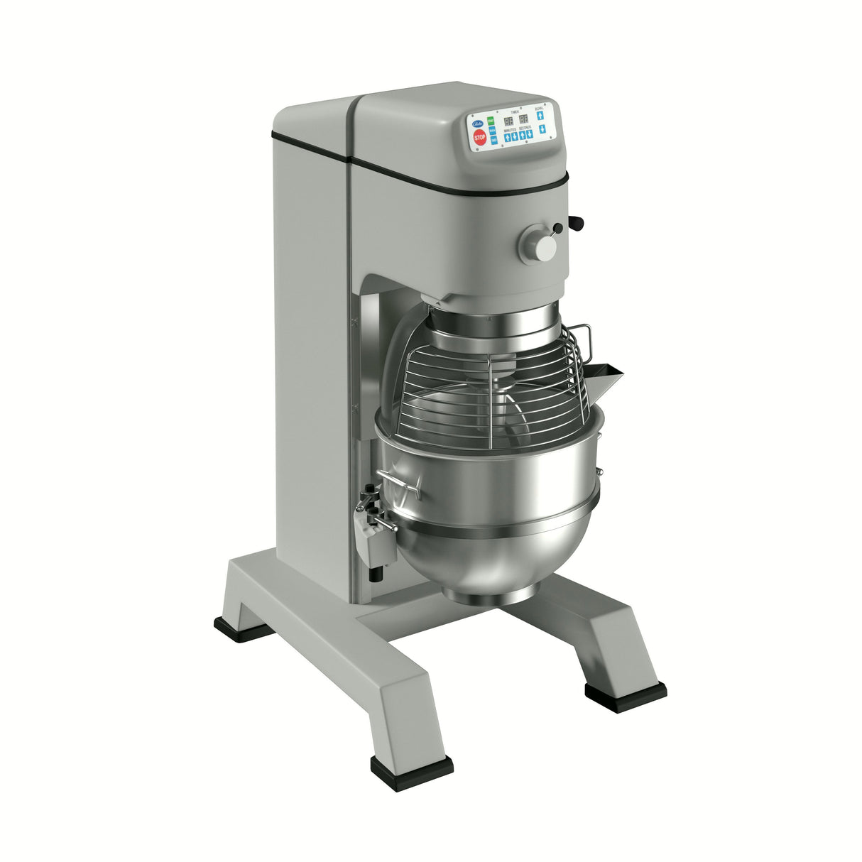 The Globe SP80PL-3 Planetary Mixer is a large, industrial stand mixer in silver and gray with a digital control panel, protective wire guard, and an 80 qt stainless steel mixing bowl, standing on sturdy legs with black feet, viewed at an angle on a white background.