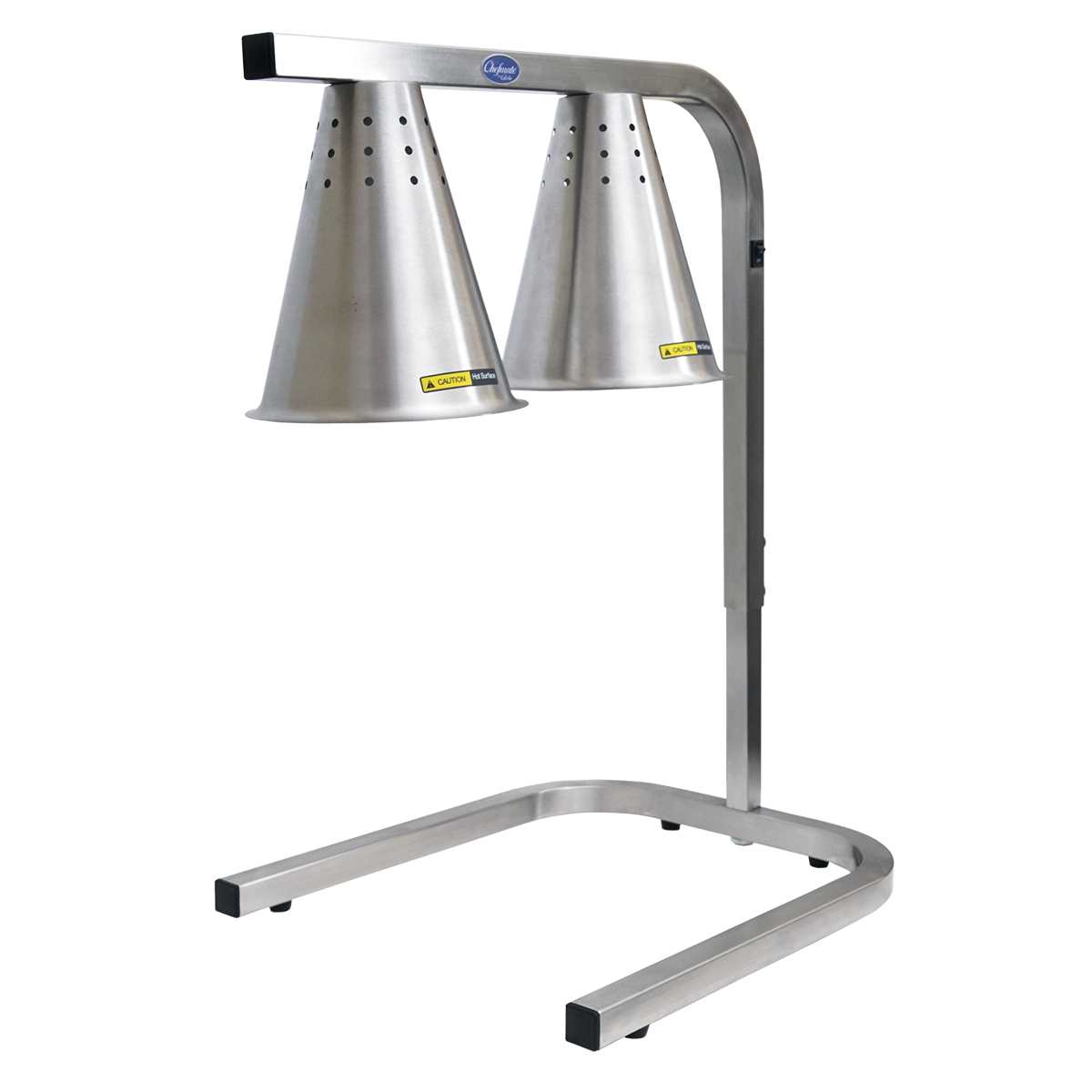 The Chefmate stainless steel Food Warming Lamp features two cone-shaped shades on a U-shaped stand with a flat, capped-base. Ideal for countertop use, it’s perfect for keeping food warm in busy commercial kitchens.