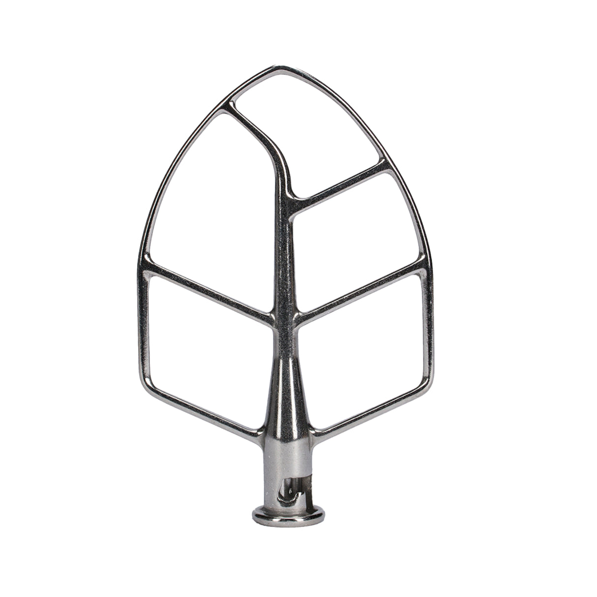 A stainless steel flat beater attachment for a 5 qt. mixer, shaped like a wide, leaf-like triangle with open sections and a central vertical bar, plus a cylindrical base for easy mixer attachment.