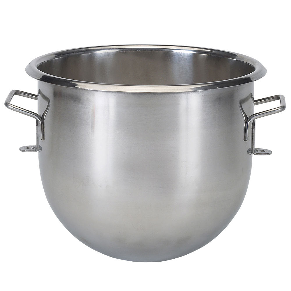 A large, shiny 30 qt. stainless steel bowl with a rounded bottom and two sturdy, horizontal handles on opposite sides. This commercial mixer bowl, the Globe XXBOWL-30, features a reflective surface and sits against a plain white background.