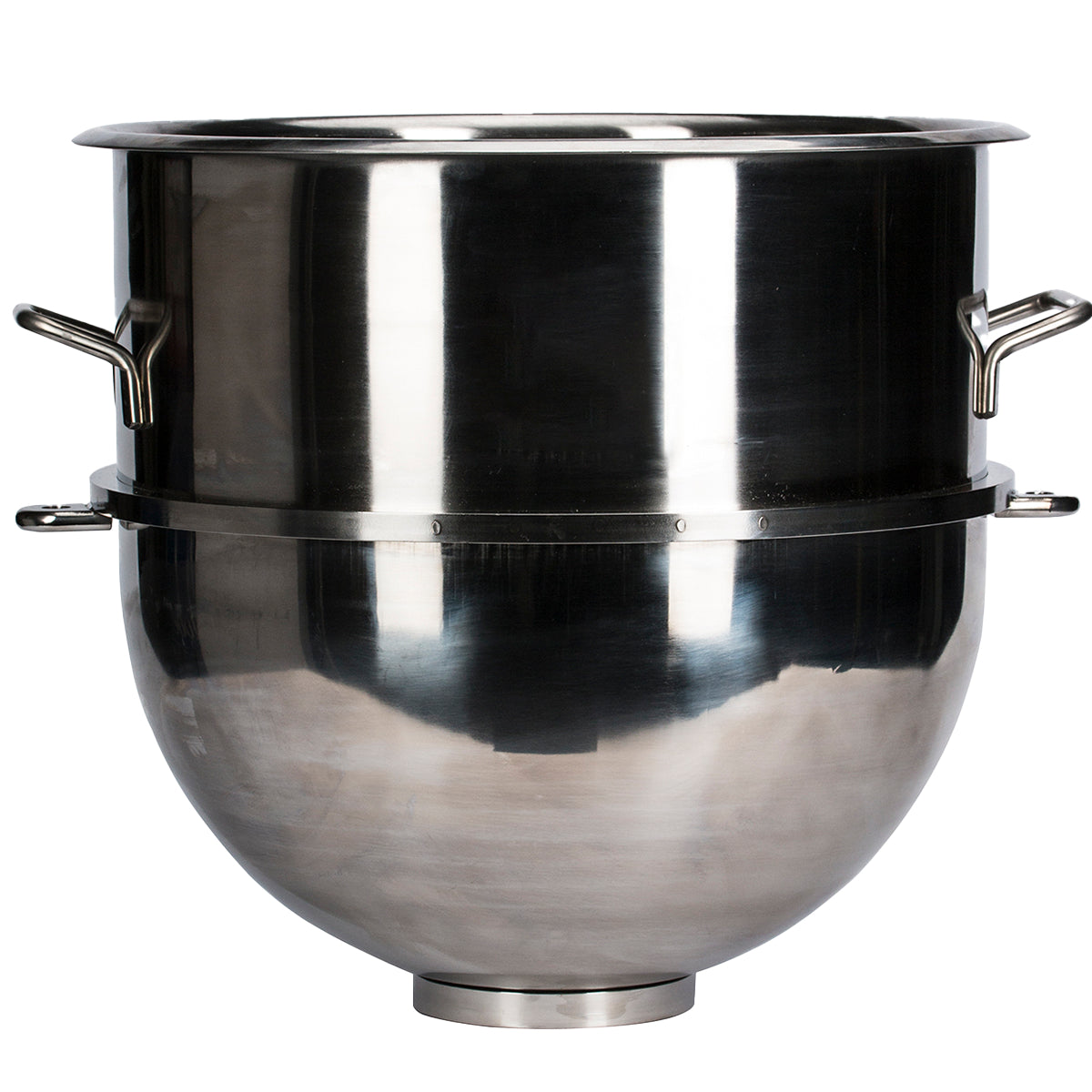 A large, shiny Globe Middleby 60 qt. stainless steel bowl with two sturdy side handles and a rounded bottom. The highly reflective surface shows highlights and shadows, and it features a wide opening at the top.