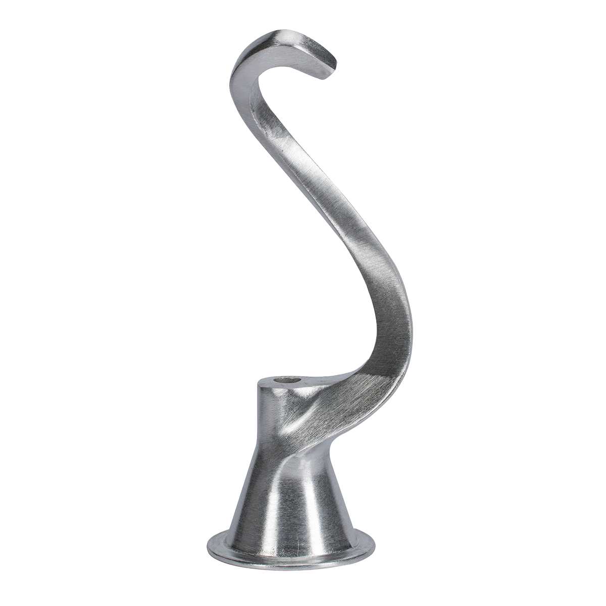 A polished Spiral Dough Hook, designed for the Globe Middleby 30 qt. mixer. Its smooth, spiral design curves upward from a wide base to a narrow tip—perfect for efficiently kneading dough in your stand mixer.