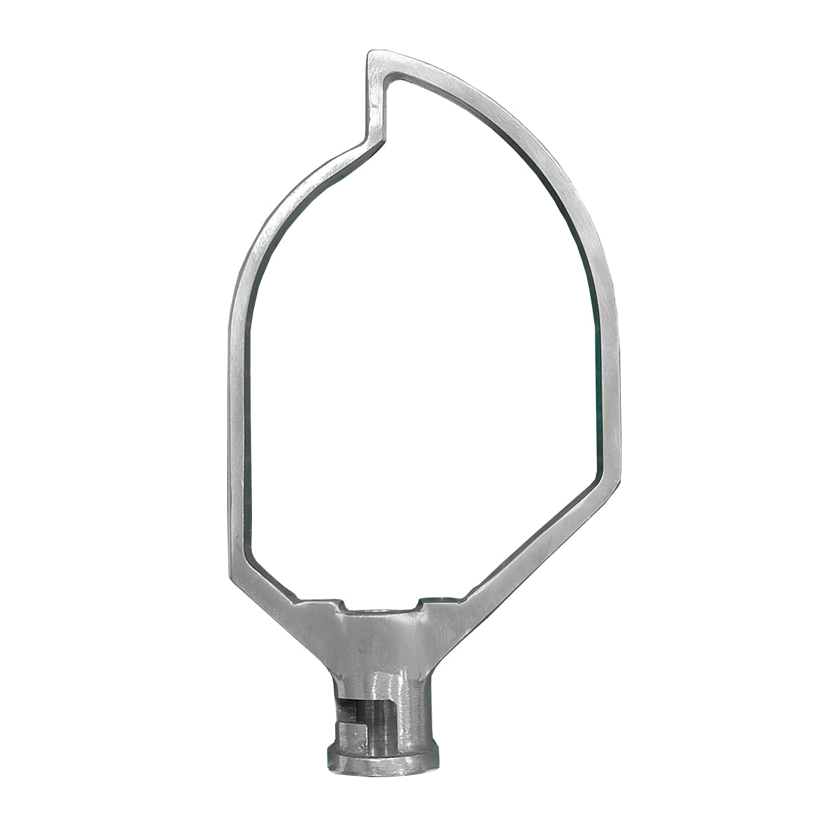 A metal stand mixer paddle attachment with a flat, leaf-shaped frame and an open center, designed for mixing dough or batter in a Globe 20 qt. mixer. The attachment has a solid base for connecting to a mixer and a smooth, polished metallic surface.